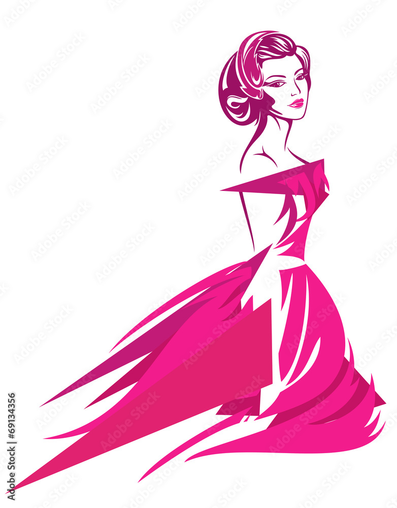 Wall mural beautiful woman with retro hairstyle wearing pink dress