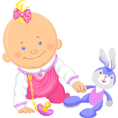 Vector cute baby girl playing with a toy rabbit