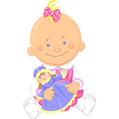 Vector cute baby girl playing with a toy doll