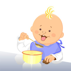 vector baby eats with a spoon from a bowl
