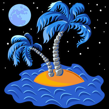 vector two palm trees on an island in the ocean at midnight