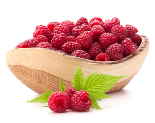 raspberries in wooden bowl