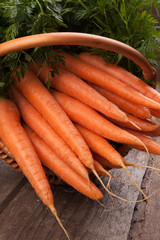 fresh carrots in wicker basket bunch on grungy wooden background
