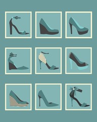 Unique blue women shoes square icons set
