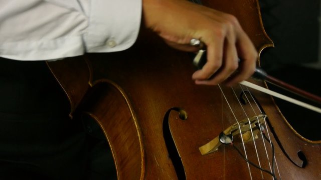 Tight shot from below of cello strings being played