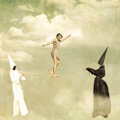 Woman walking along a tightrope held by two mysterious persons