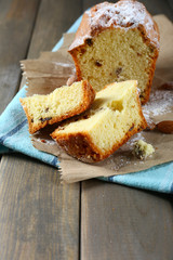 Tasty cake on table close-up