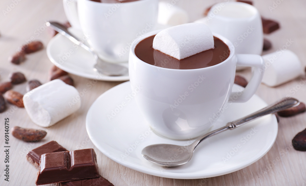 Canvas Prints cups of hot chocolate on table, close up