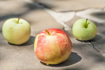Three apples on the track of gray stone