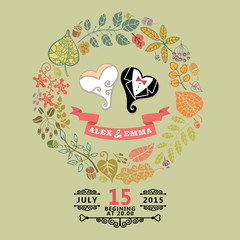 Cute wedding invitation with stylized heart ,autumn leaves wreat