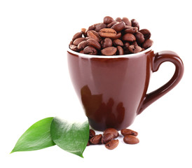 Mug of coffee beans isolated on white