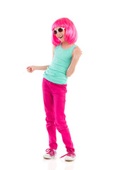 Carefree girl in pink wig