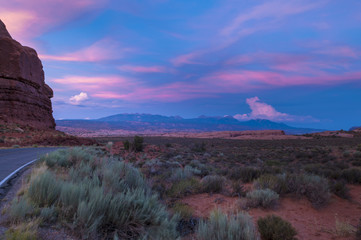 Petrified Dunes view of La Sal Mountains at sunset