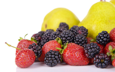 Ripe pears and berries isolated on white