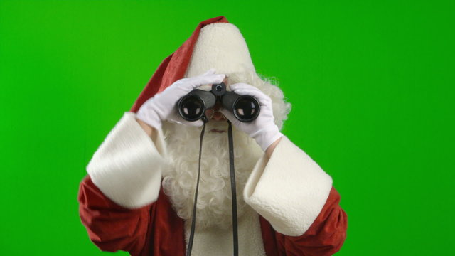 Santa Claus with Binoculars Looking Around