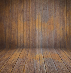 Empty old wooden interior with back defocus for your design