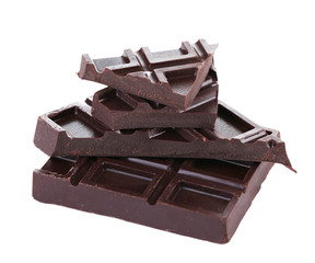 Cracked chocolate bar isolated on white