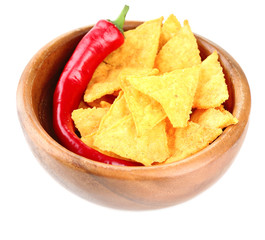 Tasty nachos  on color bowl, isolated on white