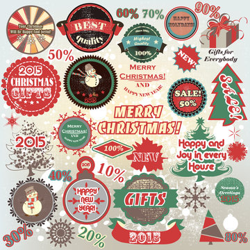 Christmas and New Year  vector labels set in retro style