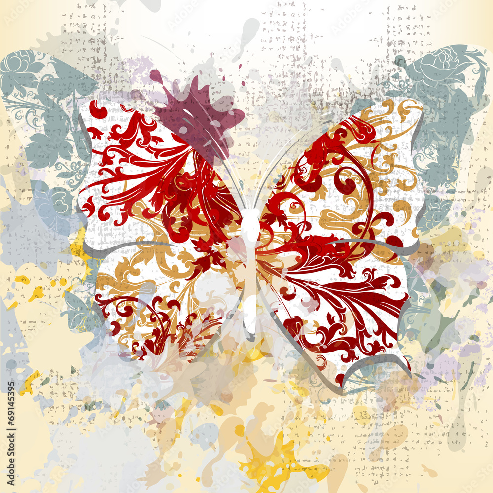 Poster creative grunge background with butterfly made from swirls and i