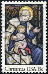 stamp printed in USA, depicts "Madonna and Child"