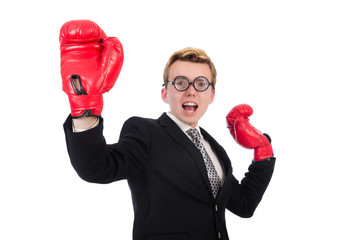 Young businessman boxer isolated on white