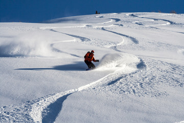 Snowboarder go down on powder snow.