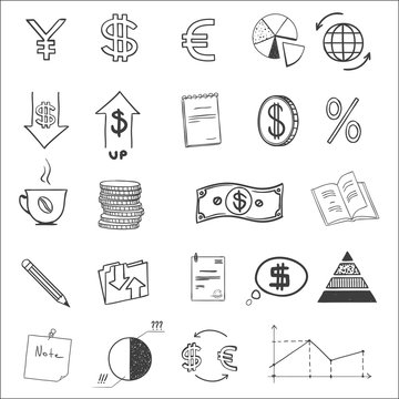 Hand draw business finance doodle sketch money icon, dollar euro