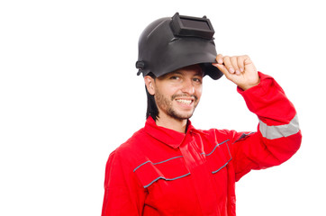 Welder in red overalls isolated on white