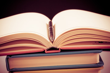 Close-up of open book and pen