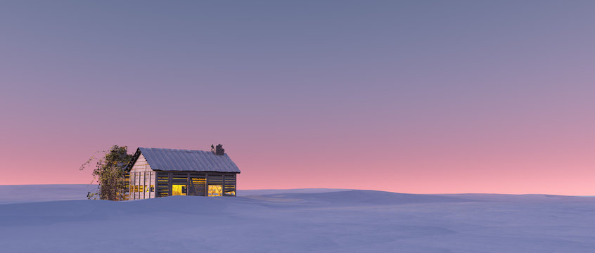 Winter Snow Landscape At Sunset With Solitude Cabin.