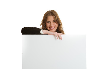 Businesswoman holding blank banner
