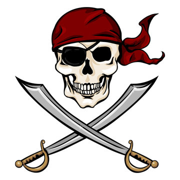 Vector  Cartoon Pirate Skull in Red Bandana with Cross Swords