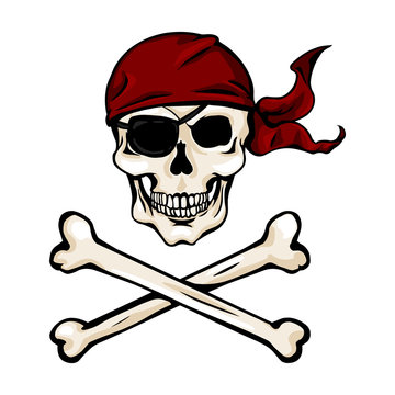 Vector  Cartoon Pirate Skull in Red Bandana with Cross Swords