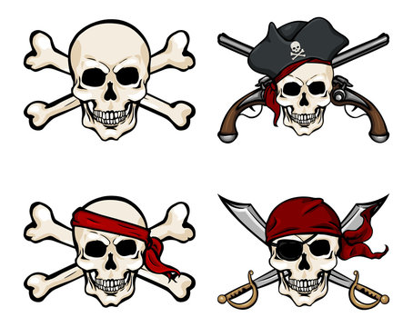 Vector  Cartoon Pirate Skull in Red Bandana with Cross Swords