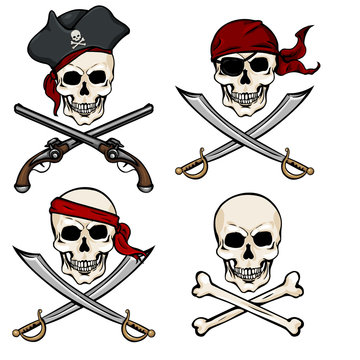 Vector  Cartoon Pirate Skull in Red Bandana with Cross Swords