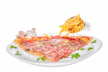 slice of pizza with mushrooms ham cheese and french fries