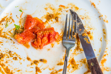 Closeup dirty dish with tomato