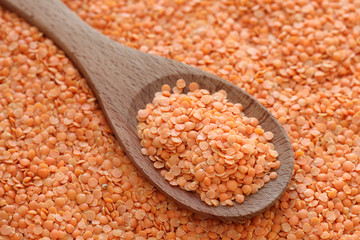 Red lentils in a wooden spoon