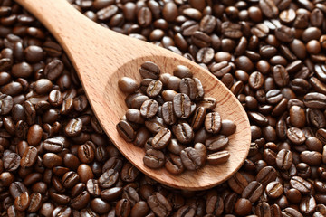 Coffee beans in a wooden spoon