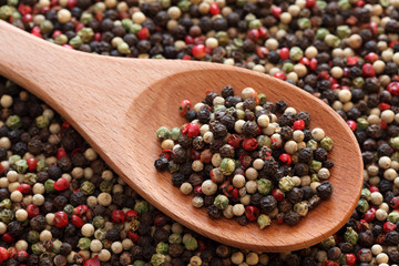 Mixed peppercorns in a wooden spoon