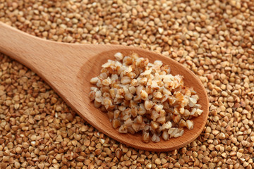 Buckwheat in a wooden spoon