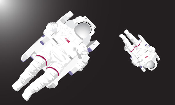Illustration of two astronauts flying in the dark deep space