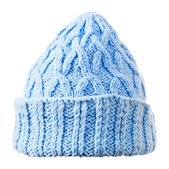 blue  knitted hat on white background