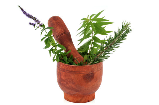 Mortier, pilon et herbes aromatiques