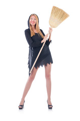 Woman with broom on white