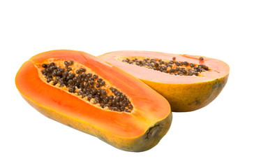 Cut papaya fruit over white background