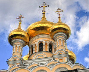 Fototapeta na wymiar Gold Onion Domes of the Alexander Nevsky Cathedral