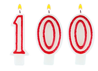 Birthday candles number one hundred isolated on white background