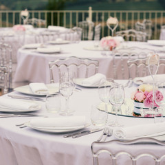 Wedding luxury table outdoor. Filtered image.